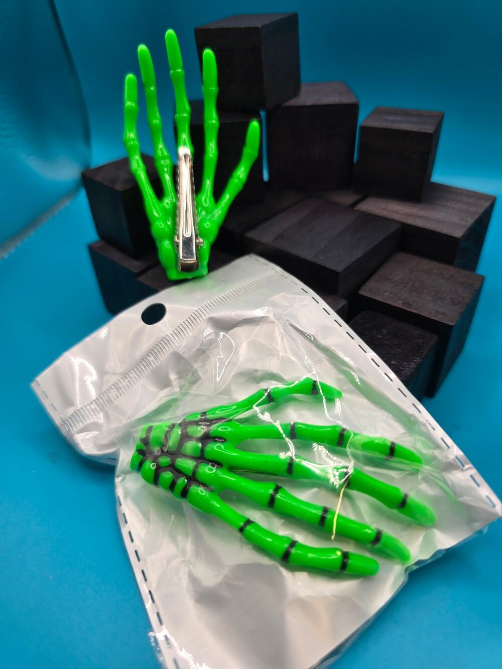 Green Skeleton Hand Hair Clips Set of 2 Gothic Halloween Bone Accessories